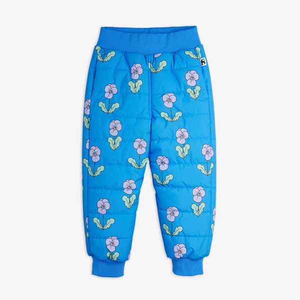 Blue padded trousers featuring the Violas print, an elasticated waist and ribbed cuffs.