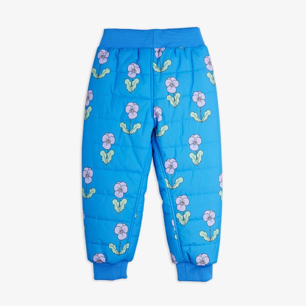 Blue padded outerwear trousers featuring a Violas print, ribbed cuffs, and an elastic waist, shown from the back.
