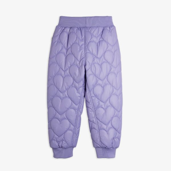 Purple quilted heart pattern outerwear trousers with an elasticated waist and cuffs, shown from the back.