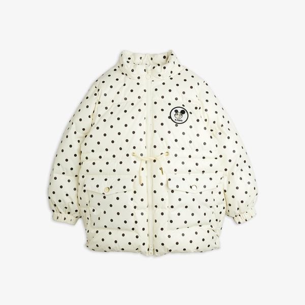 Off-white polka dot heavy puffer jacket featuring a Ritzratz patch on the chest, front pockets, and zip closure.