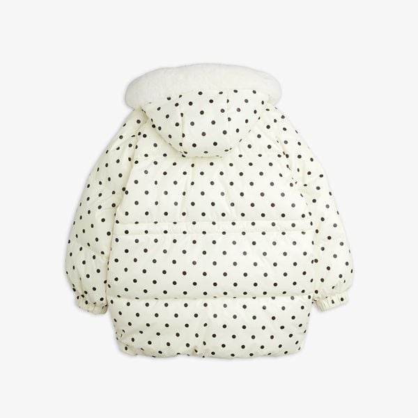 Off-white heavily-padded puffer jacket with black polka dots and a faux fur-lined hood, shown from the back.