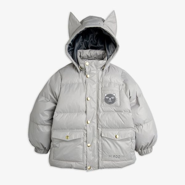 Grey heavy puffer jacket featuring cat ears on the hood, gold-colored snap buttons, front pockets, and a cat patch.