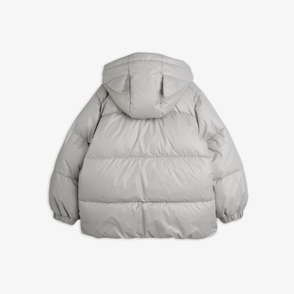Grey heavy puffer jacket featuring a hood with cat ears, shown from the back.
