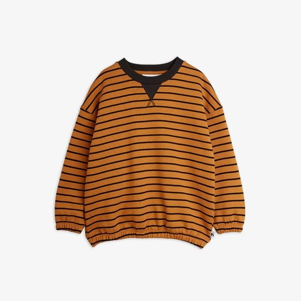 Striped brown sweatshirt featuring a dark contrast neckline, dropped shoulders, and ribbed cuffs.