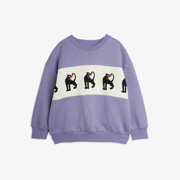 Purple sweatshirt featuring a white chest panel with black Panther prints and dropped shoulders.