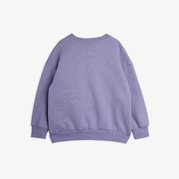 Purple sweatshirt featuring dropped shoulders and ribbed trims, shown from the back.