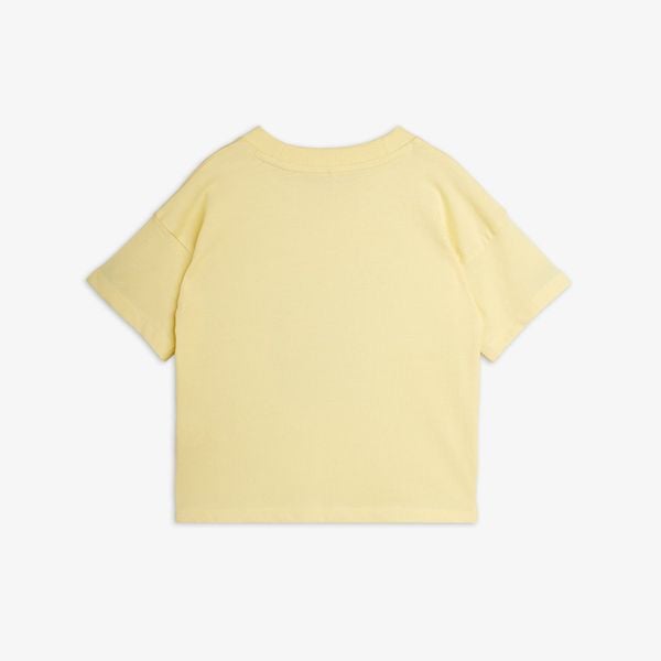 Yellow short-sleeved top featuring a ribbed crew neck, shown from the back.