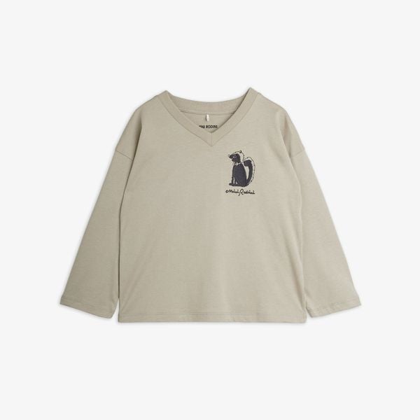 Grey long-sleeved top with a V-neck, dropped shoulders, and Skunk embroidery on the chest.