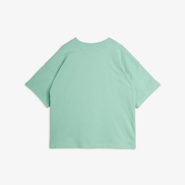Green t-shirt featuring dropped shoulders and a ribbed neckline, back view.