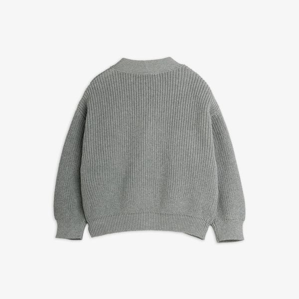 Grey knitted cardigan with ribbed trims, shown from the back.
