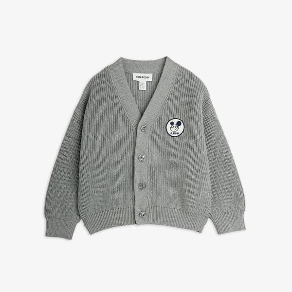 Grey knitted cardigan featuring a Ritzratz patch, V-neck, button closure, and ribbed trims.