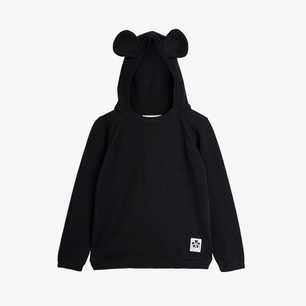 Black fine knit jumper featuring a mouse-eared hood, raglan sleeves, and a panda label.