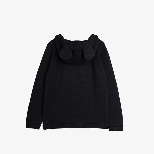 Black fine knit jumper with a mouse-eared hood and ribbed trims, seen from the back.