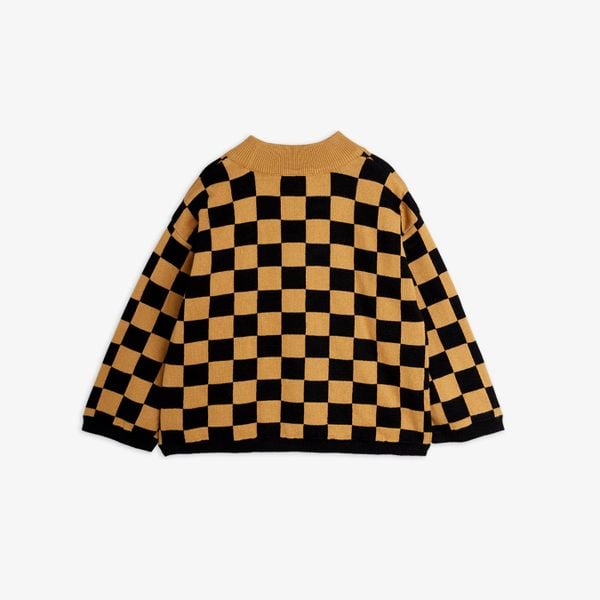 Brown and black Chess check knitted sweater featuring dropped shoulders and ribbed trims, shown from the back.