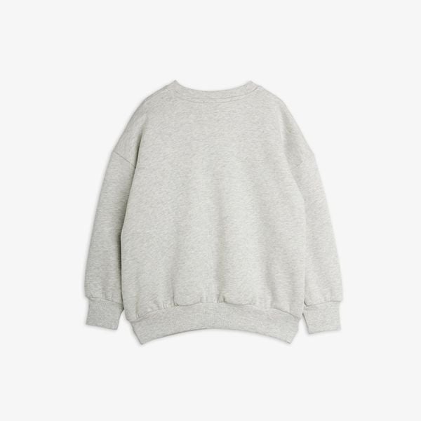 Grey melange sweatshirt with ribbed trims and dropped shoulders, viewed from the back.