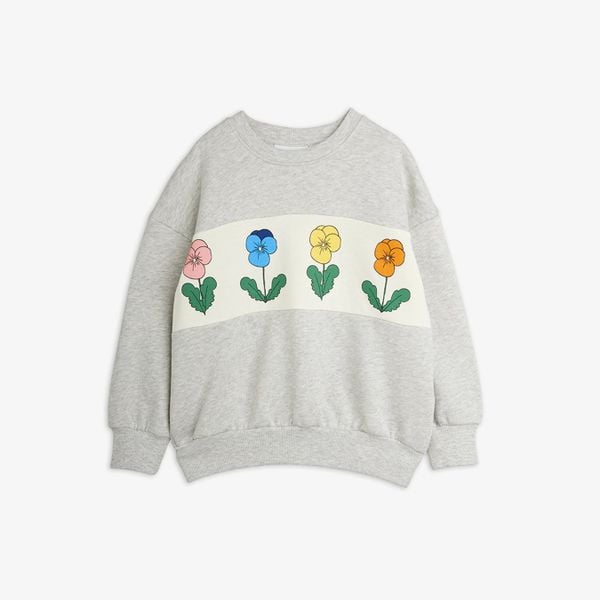 Grey melange sweatshirt featuring a contrast cream chest panel with four colorful Viola flower prints.