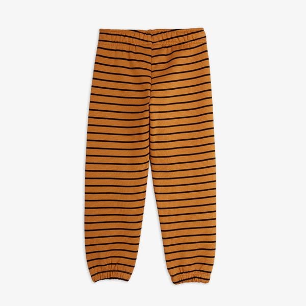 Brown striped sweatpants with an elasticated waist and cuffs, shown from the back.