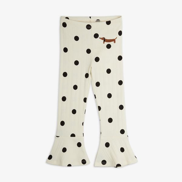 Off-white flared trousers featuring a black Dots print and an embroidered dog motif.