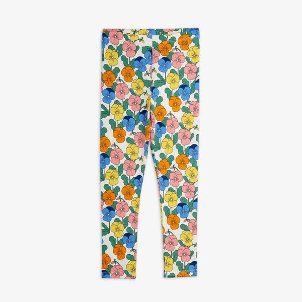 Leggings featuring a colorful all-over Viola print with blue, yellow, pink, and orange flowers.