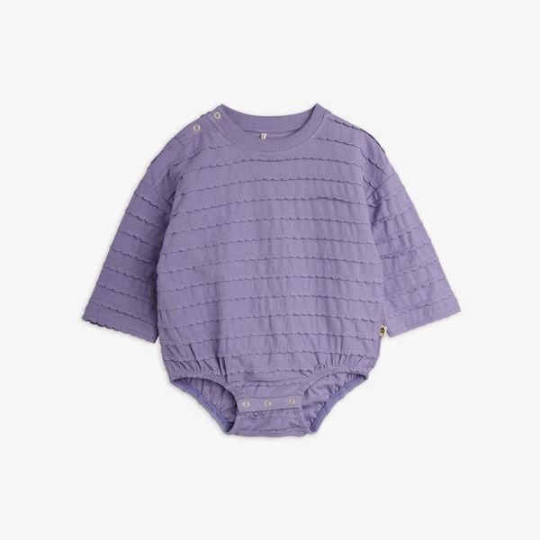 Purple textured frill long sleeve bodysuit with snap buttons at the shoulder and crotch.