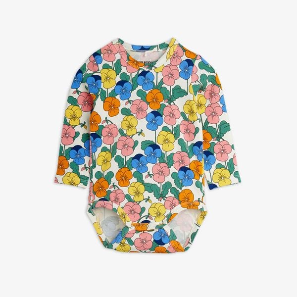 Long-sleeve bodysuit featuring a colorful all-over Viola flower print with snap buttons at the shoulder.
