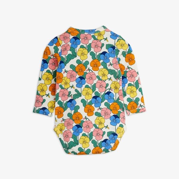 Multi-colored long-sleeved bodysuit with an all-over Viola flower print, viewed from the back.