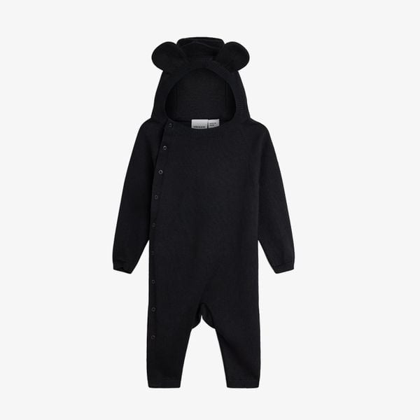 Black fine knit baby jumpsuit with a hood featuring mouse ears and an asymmetrical snap button closure.