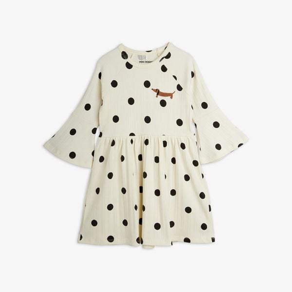 Off-white dress featuring black polka dots, flared trumpet sleeves, and a small dog embroidery on the chest.