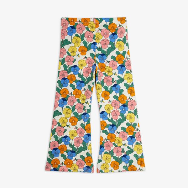Flared trousers featuring a multi-colored Viola floral print and an elastic waist.