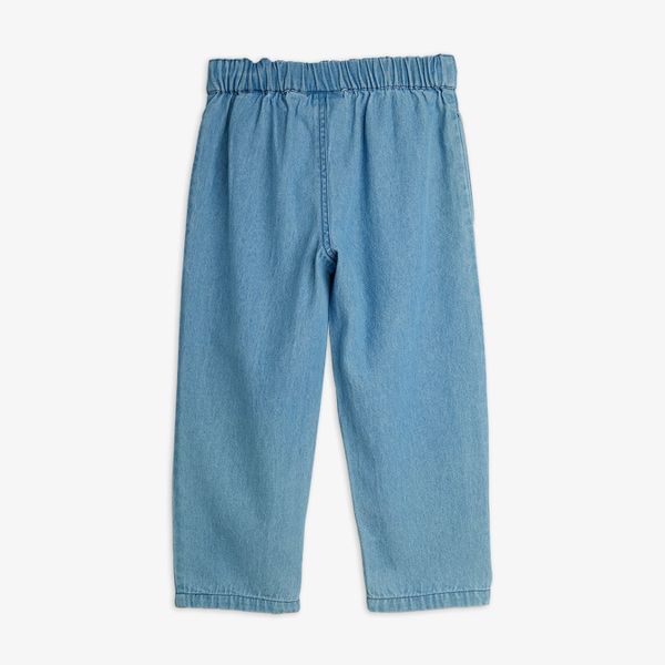 Blue lightweight trousers featuring a gathered elastic waistband, shown from the back.