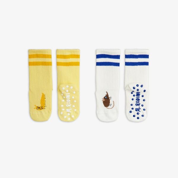 Yellow and white socks featuring Velvet worm motifs, striped ribbed cuffs, and anti-slip soles.