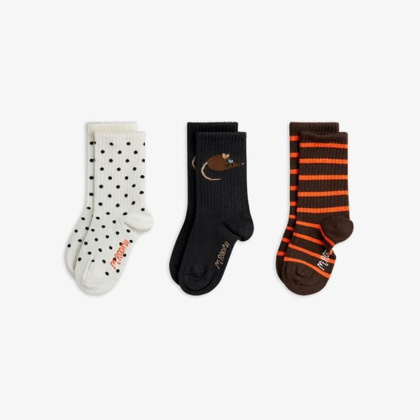 Organic cotton 3-pack socks featuring Elephant shrew motifs, black dots, and brown and orange stripes with ribbed cuffs.