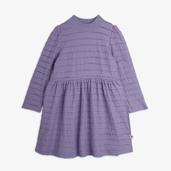 Purple long-sleeved dress featuring rows of horizontal textured frills and a gathered waist.