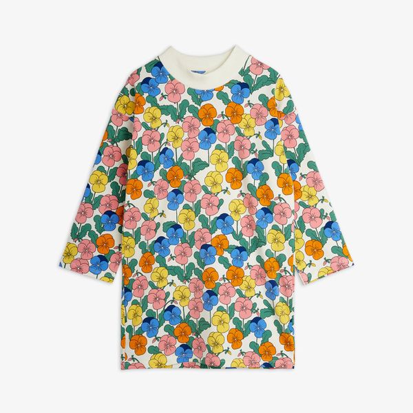 Long-sleeved dress featuring a colorful Violas floral print and a white ribbed collar.