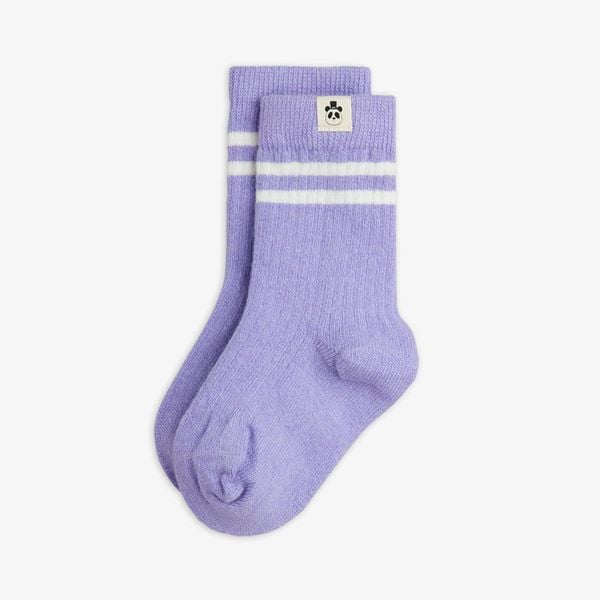 Purple ribbed socks featuring white stripes and a panda label.