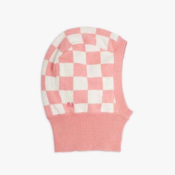 Pink and white chess check knitted balaclava featuring a ribbed face opening and M.R embroidery.