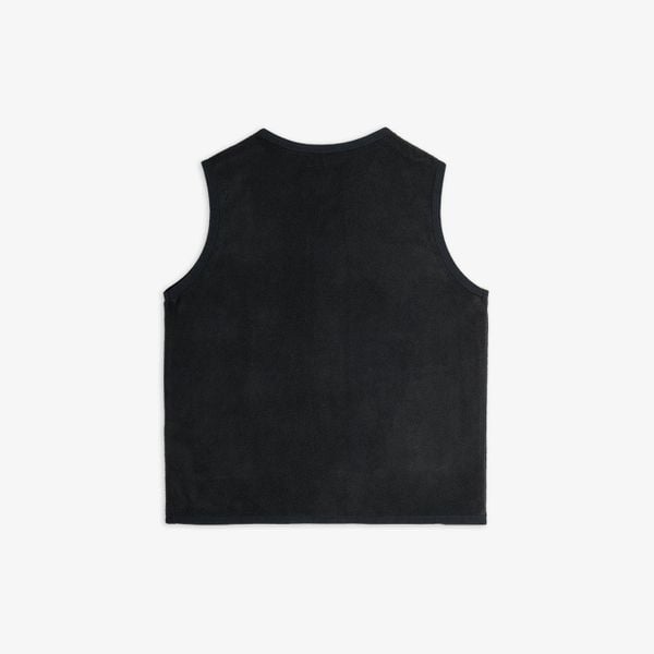 Black microfleece vest shown from the back featuring a sleeveless design and soft texture.