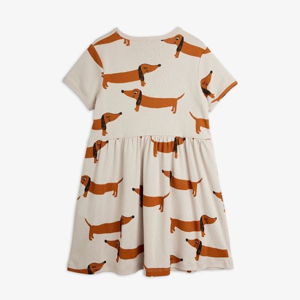 Grey short-sleeved dress featuring a brown dachshund dog print and a gathered skirt.