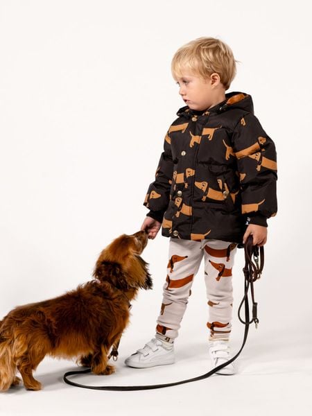 Grey leggings featuring a Dog print worn by a child interacting with a dog.