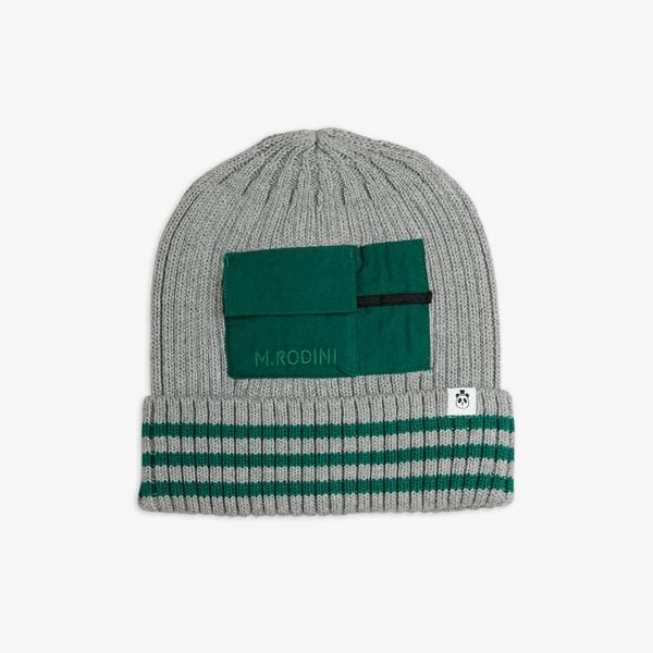 Grey rib-knit hat featuring a green pocket, panda label, and striped fold-up edge.