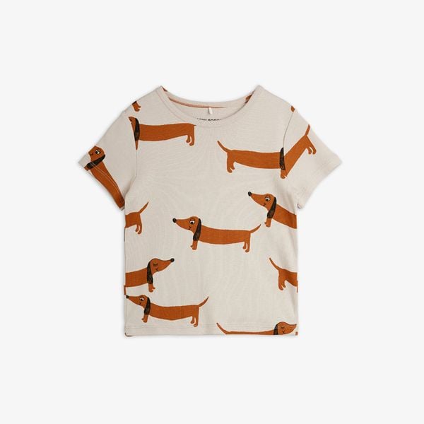Light grey short-sleeved T-shirt featuring an all-over brown dachshund Dog print.