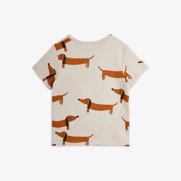 Grey short-sleeved t-shirt featuring an all-over print of brown dachshund dogs.
