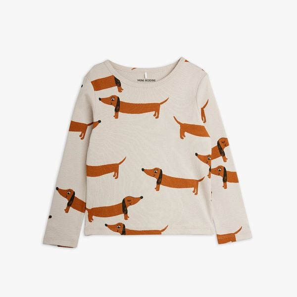 Grey marl long-sleeved top featuring an all-over brown dachshund Dog print.