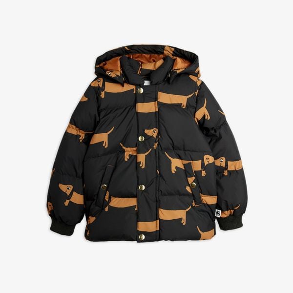 Black hooded puffer jacket with brown Dog print, featuring snap buttons and front pockets.