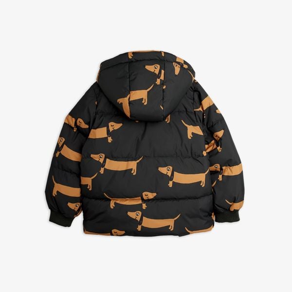 Black hooded puffer jacket featuring an all-over brown Dog print, back view.
