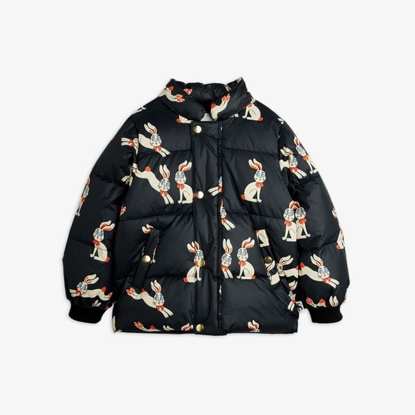 Black puffer jacket featuring a white Rabbit print, gold-tone snap buttons and ribbed cuffs.