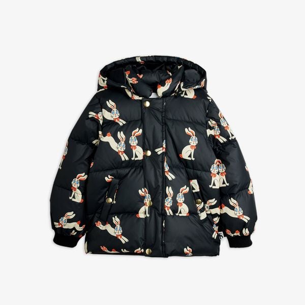 Black hooded puffer jacket featuring a Rabbit print, gold-tone snap buttons and ribbed cuffs.