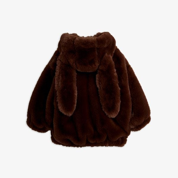 Brown faux fur jacket featuring a hood with long rabbit ears, shown from behind.