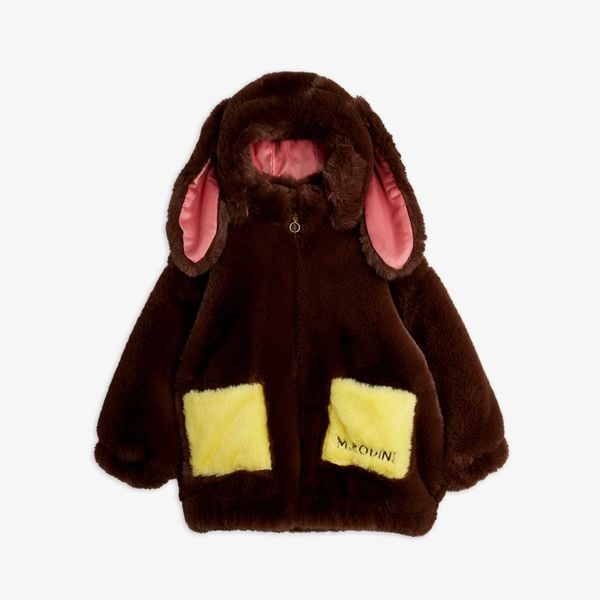 Brown faux fur jacket featuring a rabbit-ear hood and yellow front pockets with embroidery.