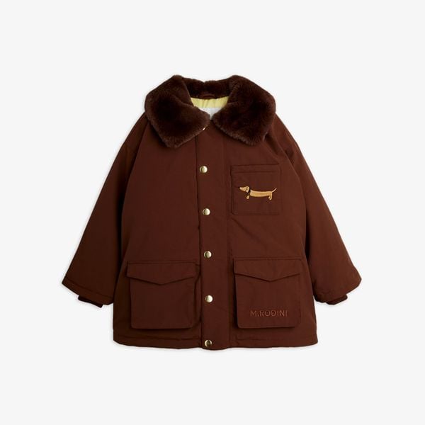 Brown padded nylon parka featuring dark faux fur collar, gold buttons, and dachshund embroidery.